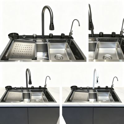 गुणवत्ता  Customized Premium Cup Washer Integrated Hand-Polished 304/316 Stainless Steel Kitchen Sink with 250-300mm Bowl Depth and 1.2-2.0mm Panel Thickness कारखाना