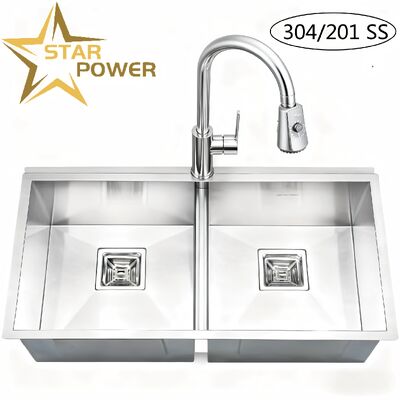 अच्छा दाम STAR POWER ब्रश्ड 304 स्टेनलेस स्टील हस्तनिर्मित किचन सिंक डबल-बाउल डिज़ाइन और पुल-आउट फ़ॉसेट के साथ ऑनलाइन