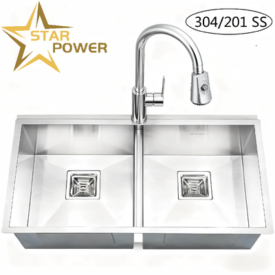 गुणवत्ता  STAR POWER Brushed 304 Stainless Steel Handmade Kitchen Sink with Double-Bowl Design and Pull-Out Faucet कारखाना