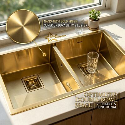 अच्छा दाम Gold-Toned Food-Grade 304 Stainless Steel Main Auxiliary Bowl Kitchen Sink Flush-Mount 900mm 250mm Deep Basin ऑनलाइन