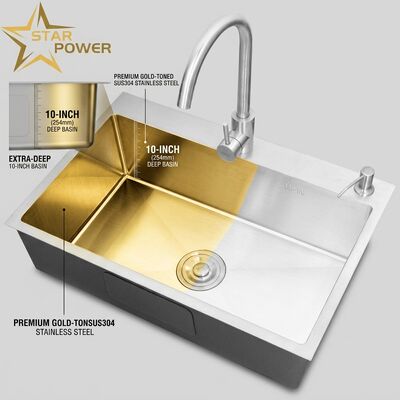 अच्छा दाम Flush Mount / Inset Kitchen Sink SUS304 Stainless Steel Main & Auxiliary Bowl Kitchen Sink Gold-Toned Flush-Mount 700mm 10-Inch Extra-Deep Basin | Custom Basin Depth Available | Custom Steel Gauge Available ऑनलाइन